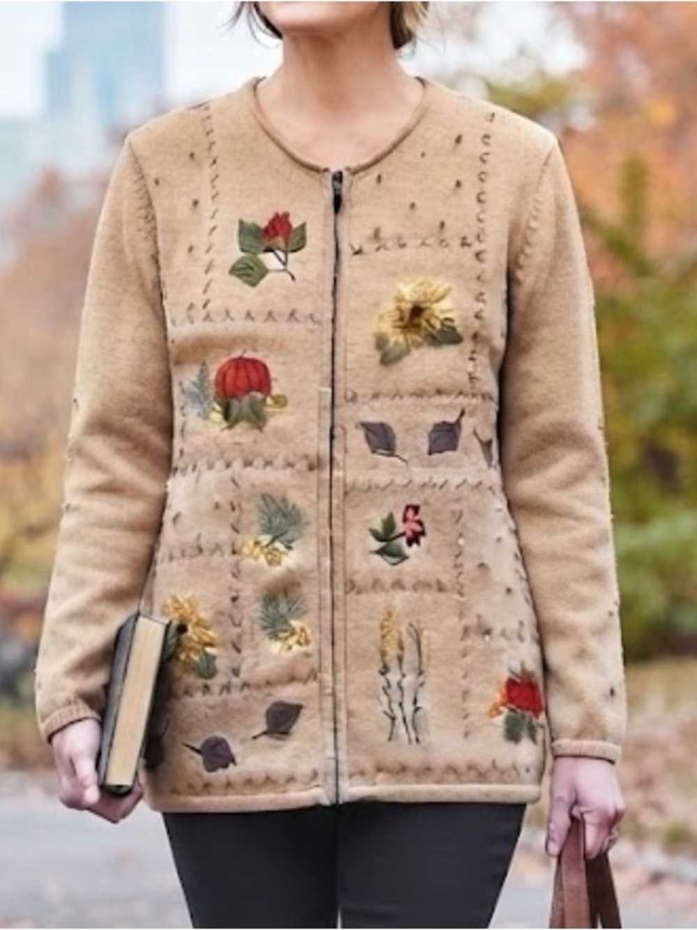 Vintage 90s Embroidered Pumpkin Sunflower Zip Craft & Barrow Cardigan L Granny